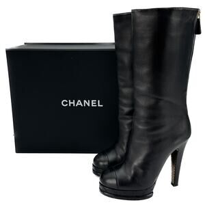 CHANEL Black Leather CC Cap Toe Quilter Platform Heel Boots IT 36
